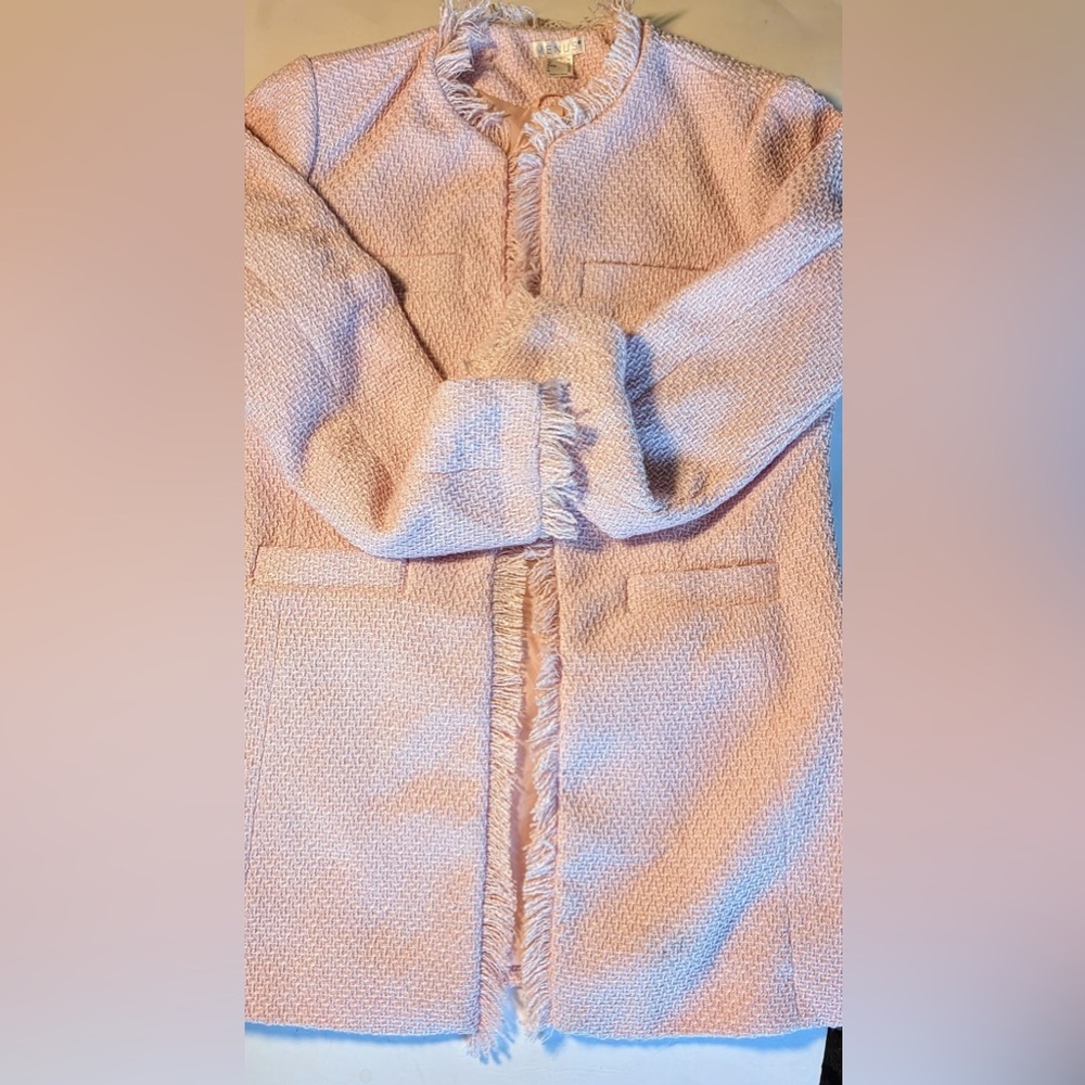 Venus Longline Blazer size 10 Baby Pink 
Textured Tweed Like with playful fringe
